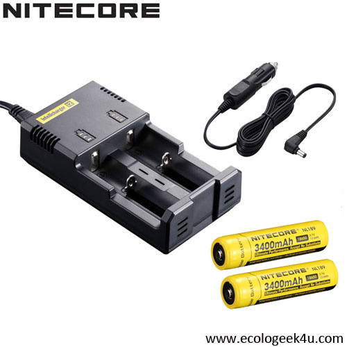 Chargeur Intellicharger NEW i2 Nitecore + 2 batteries 18650 3400mAh + câble allume cigare 