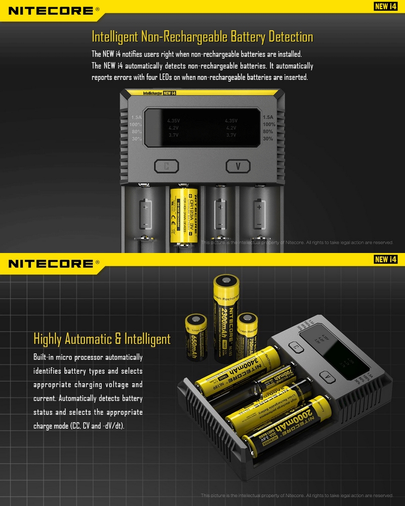 Chargeur Nitecore NEW i4 Nitecore + 2 ou 4 batteries 18650 3400 Nitecore +  câble allume cigare