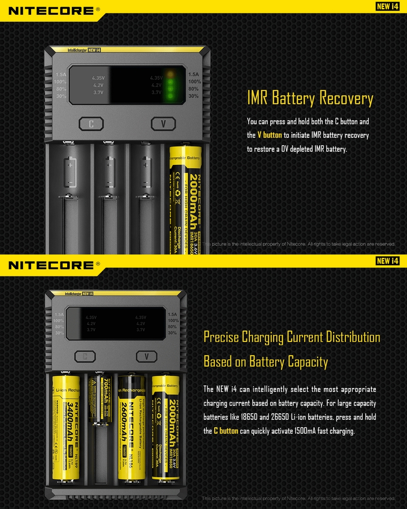 Chargeur Nitecore NEW i4 + 4 batteries 18650 3400mAh NL1834 + câble allume  cigare promotion