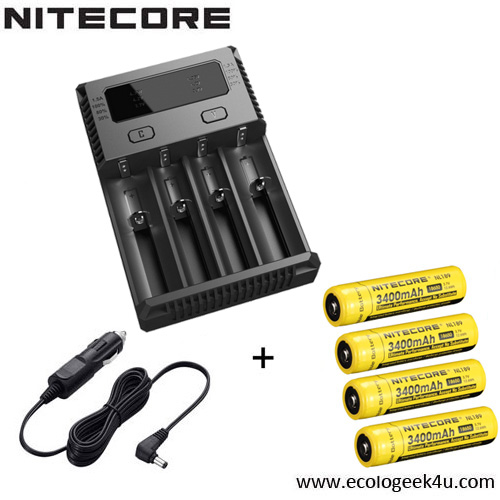 Chargeur Nitecore NEW i4 Nitecore + 2 ou 4 batteries 18650 3400 Nitecore + câble allume cigare