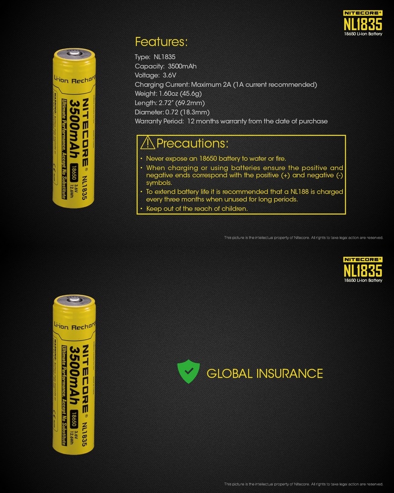 Batterie Nitecore NL1836R 18650 Rechargeable – 3600mAh 3.6V protégée Li-ion