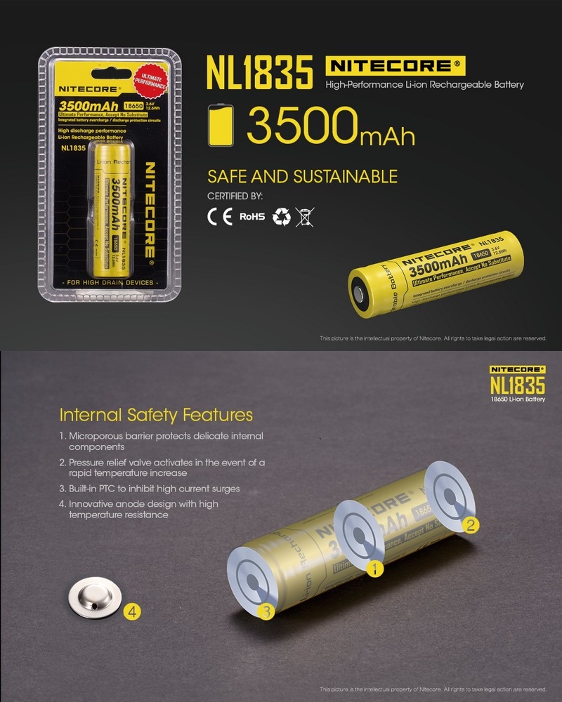 Batterie Nitecore NL1836R 18650 Rechargeable – 3600mAh 3.6V protégée Li-ion